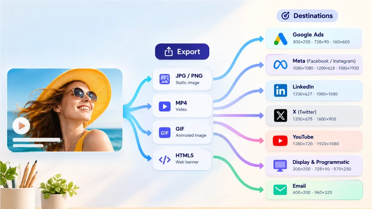 Illustration of one ad exported to several platforms