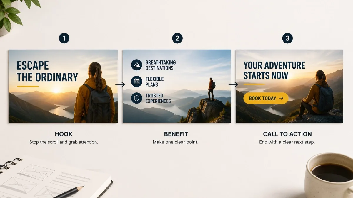 Illustration of a three-frame animated ad storyboard
