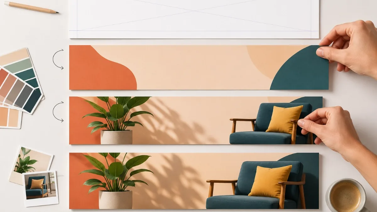 Illustration of a banner ad being assembled step by step