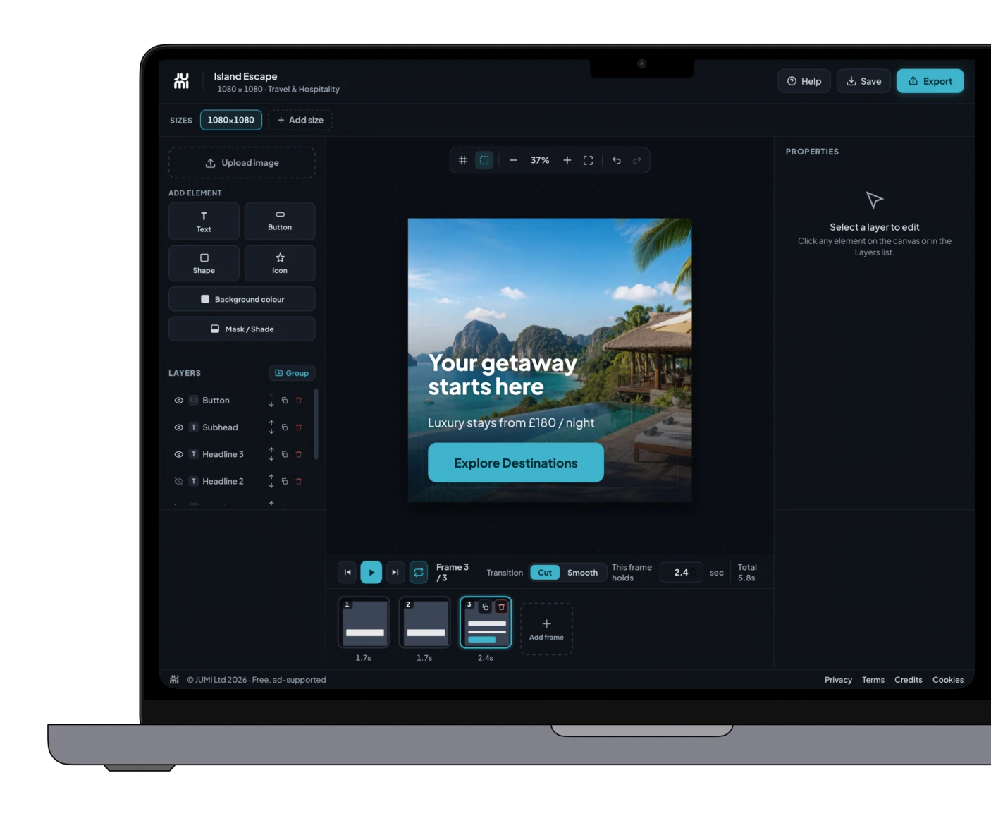 The JUMI Ad Animator editor with a banner on the canvas, the layers panel, properties panel and frame timeline.